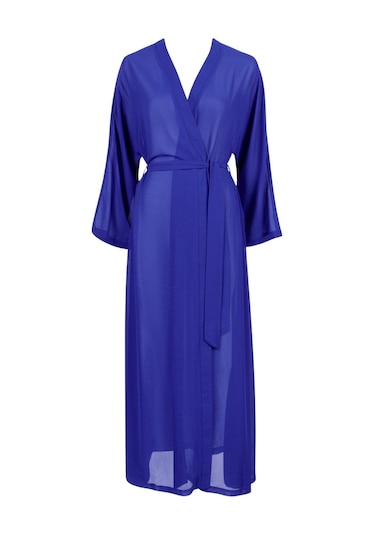 Aubade Beach Walk Kimono, Uzun Kollu, Derin Dekolteli, Hafif Plaj Üstlüğü Mavi