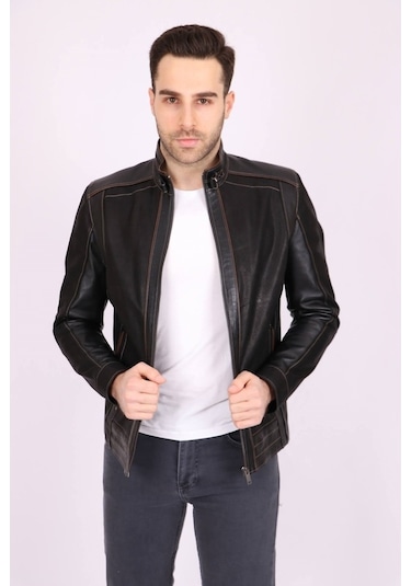 Erkek Siyah Hakiki Deri Hakim Yaka Biyeli Spor Mont