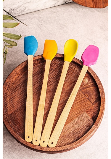4'lü Yanmaz Yapışmaz Renkli Silikon Başlıklı Ahşap Spatula Seti Çok Renkli