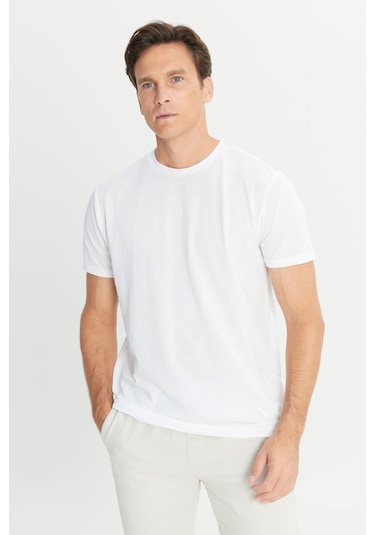 Erkek Beyaz Pamuklu Slim Fit Dar Kesim Bisiklet Yaka Tişört Beyaz