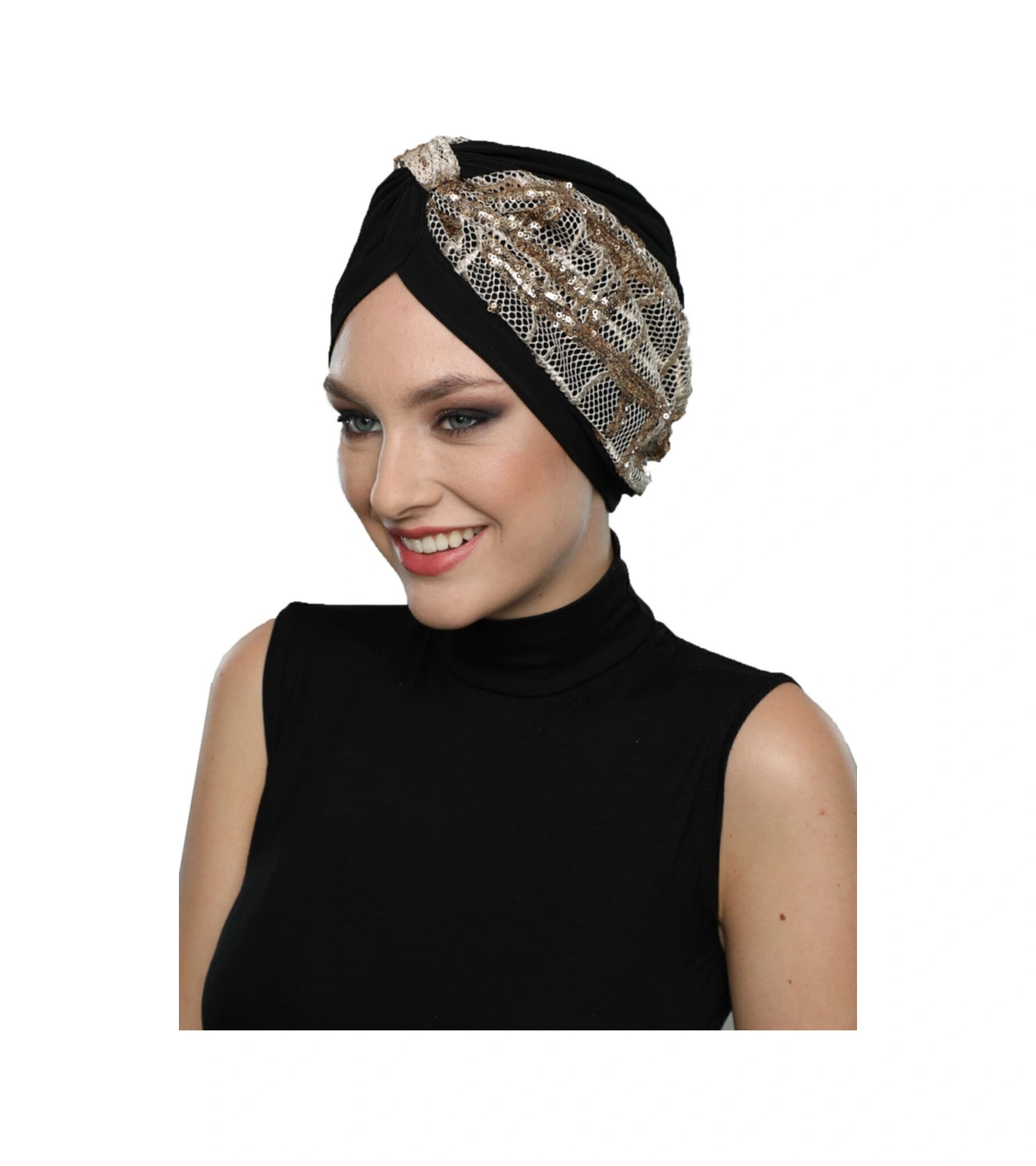 Özel Tasarım Siyah Bej-altın Pullu Fileli Etnik Desenli Astarlı Hazır Türban Tesettür Abiye Bone Siyah25