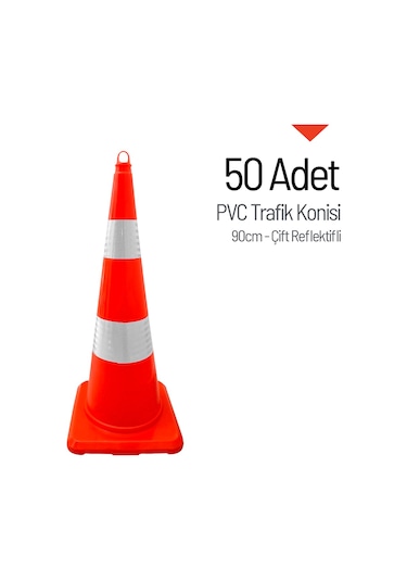 50 Adet Pvc Trafik Konisi 90 Cm Çift Reflektifli Trafik Dubası Seti-3729