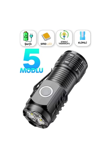 5 Modlu Şarjlı Klipsli Mıknatıslı El Feneri Mini 3 Cob Led Lamba Acil Durum Işığı 8433 Siyah