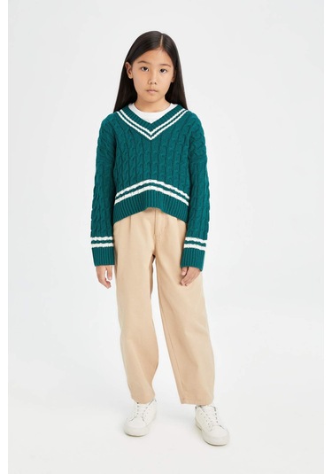 DeFacto Kız Çocuk V Yaka Saç Örgülü Triko Kazak D6760A8NSGN383 Yeşil