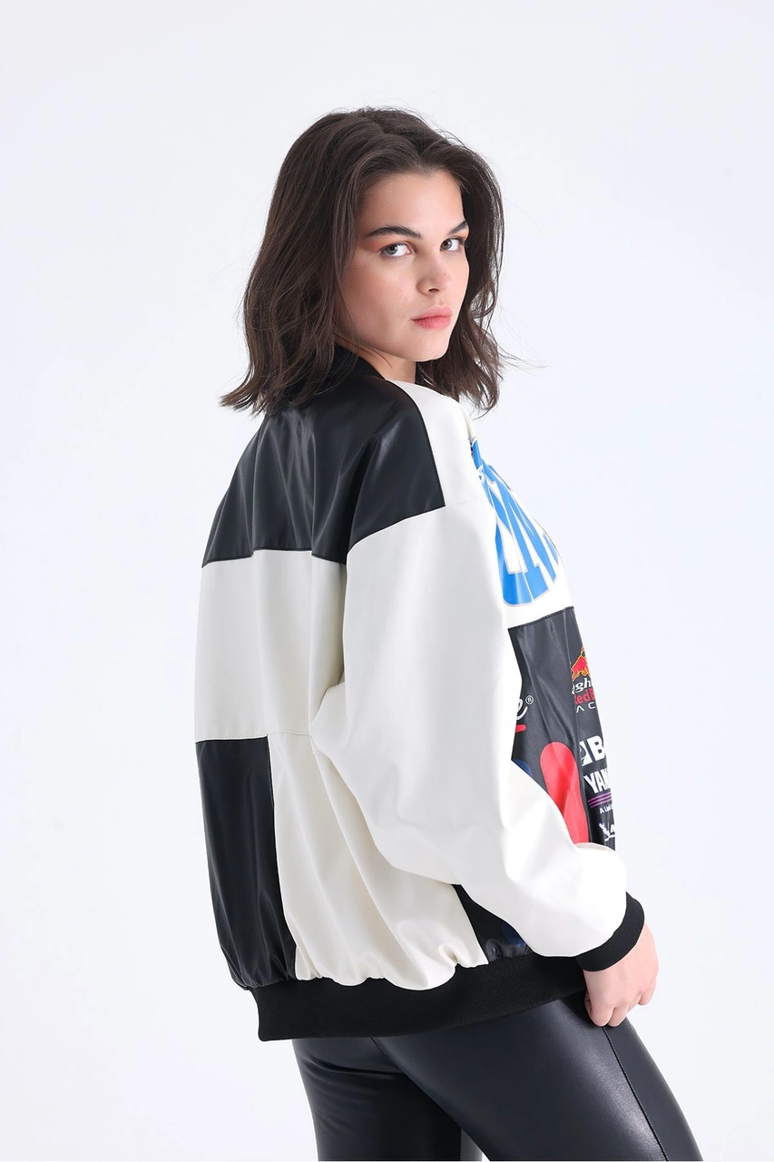 Kadın Oversize Baskılı Deri Motorcu Montu Fermuarlı Yarışçı Ceket Astarlı Bomber Kolej Mont Beyaz