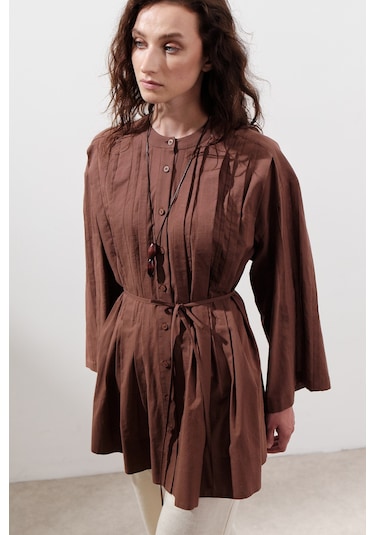 Nervürlü Geniş Kollu Tunik Sıcak Kahve Sıcak Kahve