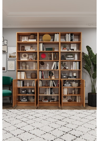 Asra Trend K-54 %100 MDF 180 cm 3 Modüllü Kapaklı Kitaplık Raflı Kütüphane Petra