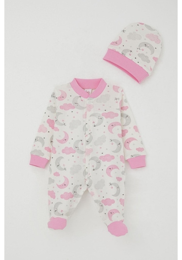 Breeze Kız Bebek Patikli Tulum Gökyüzü Temalı Uykucu Ay Desenli 0-6 Ay, Ekru Ekru