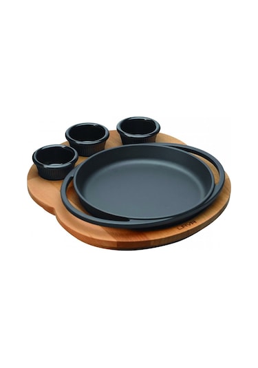 Lava Döküm Yuvarlak Sahan Döküm Demir Yekpare Çift Kulplu Kayın Servis Ahşabı Çap(Ø)20cm.