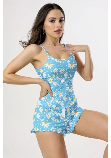 Papatya Baskılı Mavi Askılı Şortlu Pijama Takımı Açık Mavi