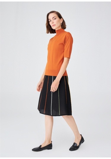 Peraluna Çizgili Yüksek Bel Bol Kesim Diz Altı Kadın Triko Etek S Siyah