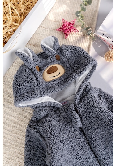 Babymod Kapüşonlu Welsoft Peluş Kışlık Kız/erkek Bebek Tulum Gri
