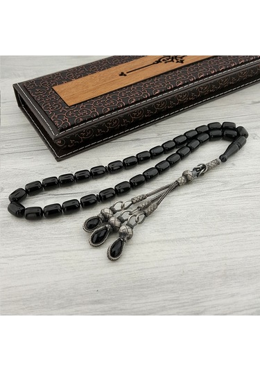 Kazaz Püsküllü Siyah Renk Kapsül Kesim Ateş Kehribar Tesbih