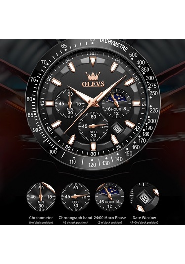 Olevs 9957 Erkekler Aydınlık Su Geçirmez Deri Kayış Kuvars Saat Siyah + Gül Altın