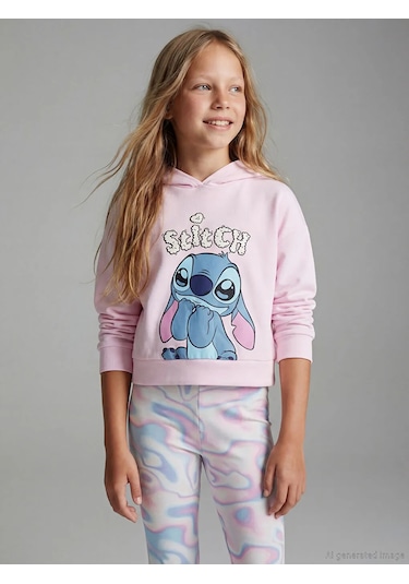 Lc Waikiki Pembe Kapüşonlu Stitch Baskılı Kız Çocuk Sweatshirt