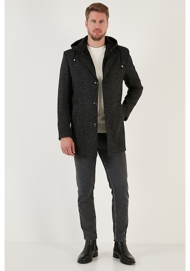 Buratti Çıkarılabilir Kapüşonlu Kırçıllı Slim Fit Kaşe Erkek Kaban 5841013 Antrasit Noktalı