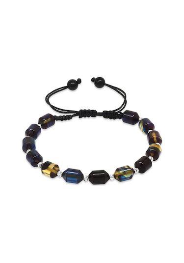 Tesbihane Makrome Örgülü Beyaz Dorika Top Süslemeli Mavi-beyaz Ateş Kehribar Erkek Bileklik Çok Renkli