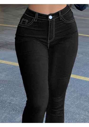 Modaserdem Kadın Yüksek Bel Önden Düğmeli Dar Kesim Kot Pantolon Siyah