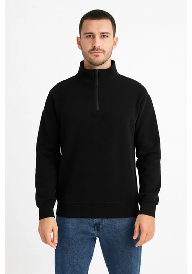 Erkek Dik Yaka Sweatshirt Dik Yaka Yarım Fermuarlı 3 İplik Şardonlu Pamuk Kumaş - Siyah Çok Renkli