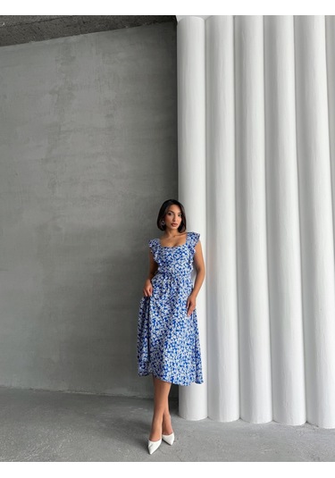 Kadın Çiçek Desenli Fırfır Detaylı Yazlık Dokuma Elbise Mavi