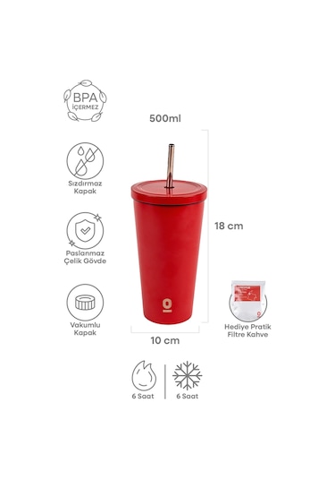 Paslanmaz Çelik Kırmızı Pipetli Mug Termos 500 ML No:80