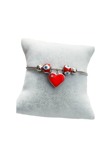 Bayan Çelik Kalp Nazar Boncuklu Gümüş Renk Kararmaz Mıknatıslı Kadın Bileklik Çelik