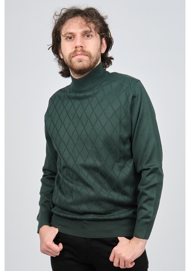 Pave Erkek Yarım Balıkçı Baklava Desenli Yün Kazak 4537220 Yeşil Yeşil