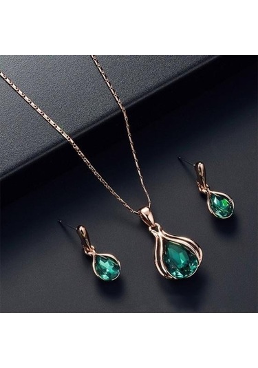 Yeşil 1 Takım Gelin Kolye Küpe Geometrik Rhinestone Takı Düğün İçin Hafif Parlak Takı Seti Yeşil