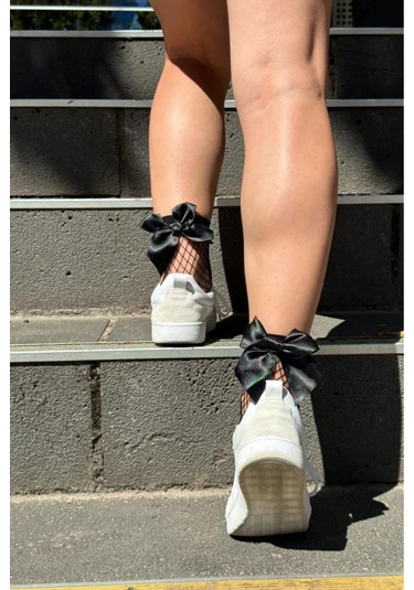 Heleni Kadın File Desenli Siyah Fiyonklu Siyah Soket Çorap Siyah