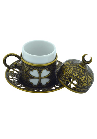 Yonca Desenli 6 Kişilik Porselenli Kapaklı 24 Parça Antik Renk Fincan Seti Yeşil - Sarı