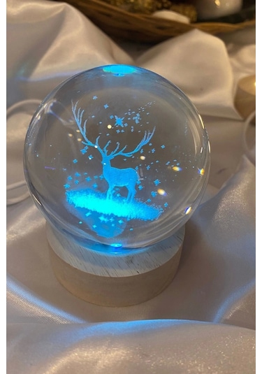 3d Led Işık Cam Küre Çok Işıklı Ahşap Geyik 7 Cm