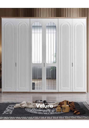 Boerno 6 Kapaklı Aynalı Gardırop Dolap Beyaz - Ceviz