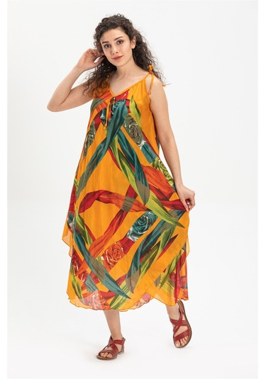 Askılı Vual Afrodit Midi Boy Elbise Hardal 6150