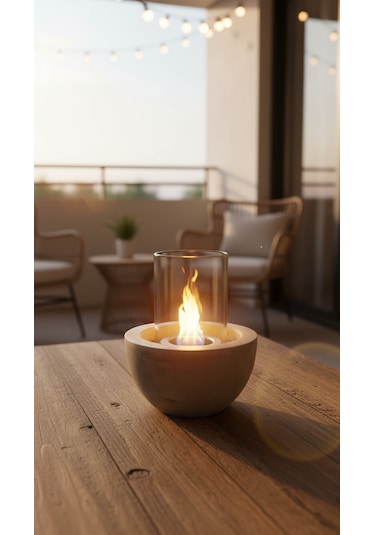 Beton Masaüstü Şömine Dumansız Dekoratif Biyoetanol Şömine + 1 Lt Yakıt Hediyeli Terra Fire Z.2