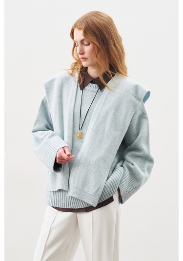 Kare Yaka Bağlamalı Triko Atkı Mavi Mavi