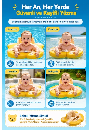 Bebek Yüzme Simidi 2'si 1 Arada- İç Haznesi Çıkabilir, Güvenli ,yeni Model- Ayıcık Desenli Sarı Ld00