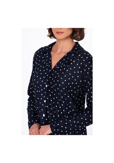 Kadın Süet Önden Düğmeli Pijama Takımı Kalpli Lacivert Kalp Lacivert