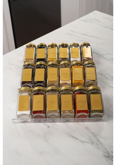 18'li Şeffaf Pleksi Standlı Cam Baharatlık Seti Gold Kapaklı Etiketli Baharatlık Takımı Mh02gld18 Gold - Şeffaf