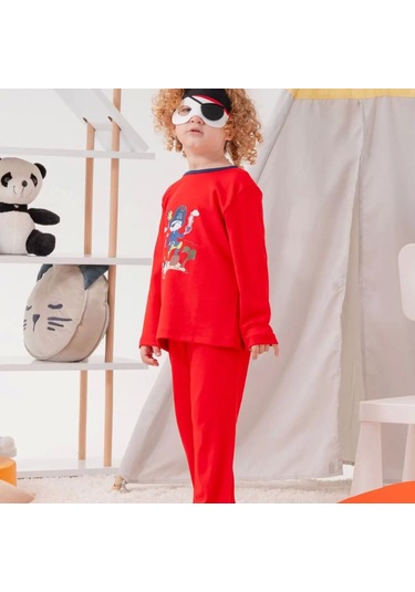 Korsan Desenli Çanta Ve Maskeli % 100 Pamuk Erkek Çocuk Pijama Takımı Kırmızı