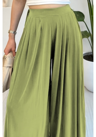 Feela Moda Premium Modal Kumaş Pileli Şalvar Kadın Pantolon 2012 Haki