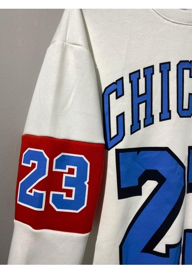 Erkek Beyaz Unısex Oversize Chicago 23 Baskılı Polarlı Sweat Çok Renkli