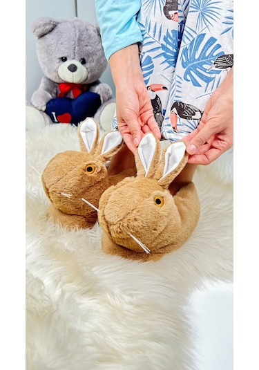Kadın Panduf Tavşan Figürlü Peluş Ev Botu Desenli Düz Taban Rahat Hafif 359 Kahve