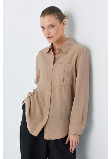 4628 Kadın Cep Detaylı Modal Gömlek Toprak Toprak