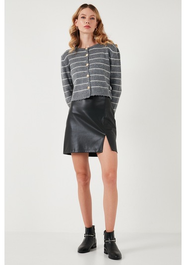 Lela Standart Fit Çizgili Yumuşak Dokulu Crop Triko Bayan Hırka 4615551 Gri