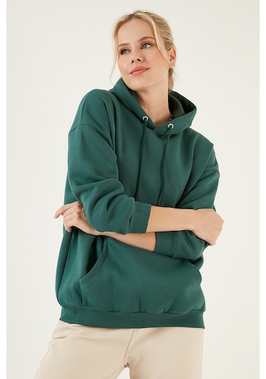 Lela Regular Fit Pamuklu Kapüşonlu Yaka Şardonlu Kışlık Bayan Sweat 5863854 Nefti
