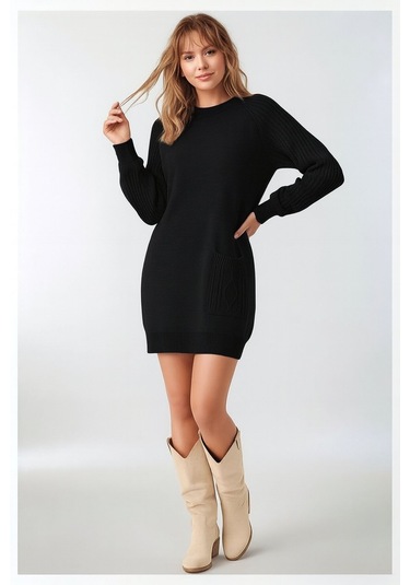 Kadın Kolları Uzun Kendinden Dokulu Bisiklet Yaka Tunik Boy Şık Kışlık Triko Büyük Beden Kazak Siyah