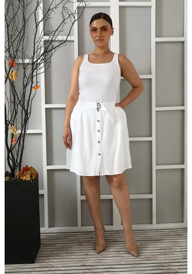 Büyük Beden Kadın Astarlı Müslin Kumaş Düğmeli Cepli Etek Beyaz