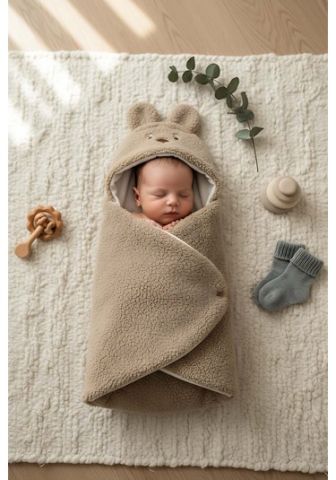 Tavşan Kulaklı Peluş Bebek Kundağı