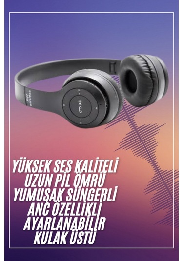 Bluetooth Kablosuz Kulaklık Siyah Wireless 5.0 Kulak Üstü Uzun Pil Ömrü