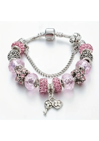 Pembe Kristal Taşlı Çiçek Charmlı Bileklik Gümüş